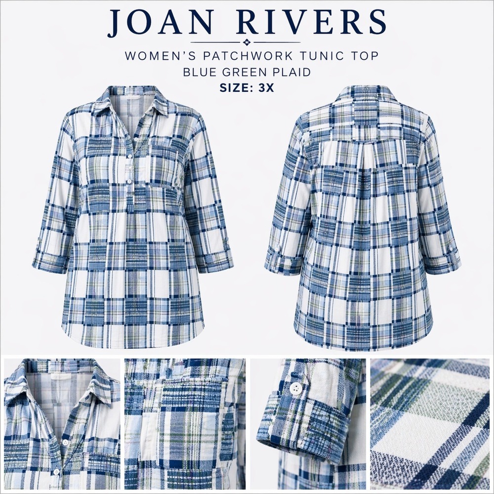 Joan Rivers Womens‎ 3X Patchwork Tunic Top Green Blue Plaid 3/4 Sleeve NWT